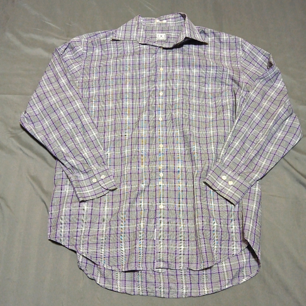 Peter Millar Mens Large L Purple Plaid 100% Cotton LS Button Up Shirt Old Money